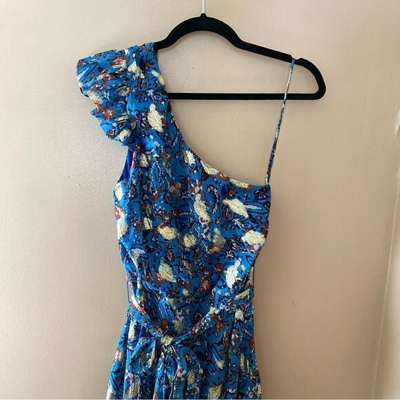 Karina Grimaldi Letitzia Dress LUREX print chiffon blue gold Sz S NWT $306 - Picture 4 of 11
